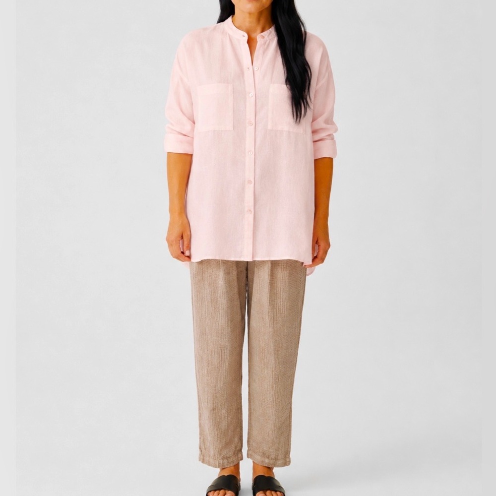 Eileen Fisher Shirt Organic Irish Linen Soft Blush Pink Long Button Down Small